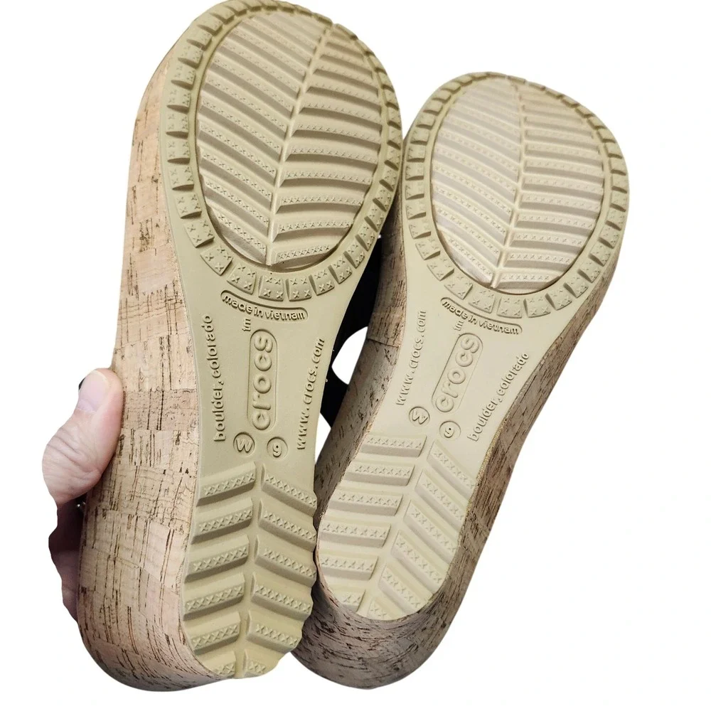 Crocs A-Leigh Leather Slide Wedge Black Tan Cork Sandals Womens 9 Beach Comfort